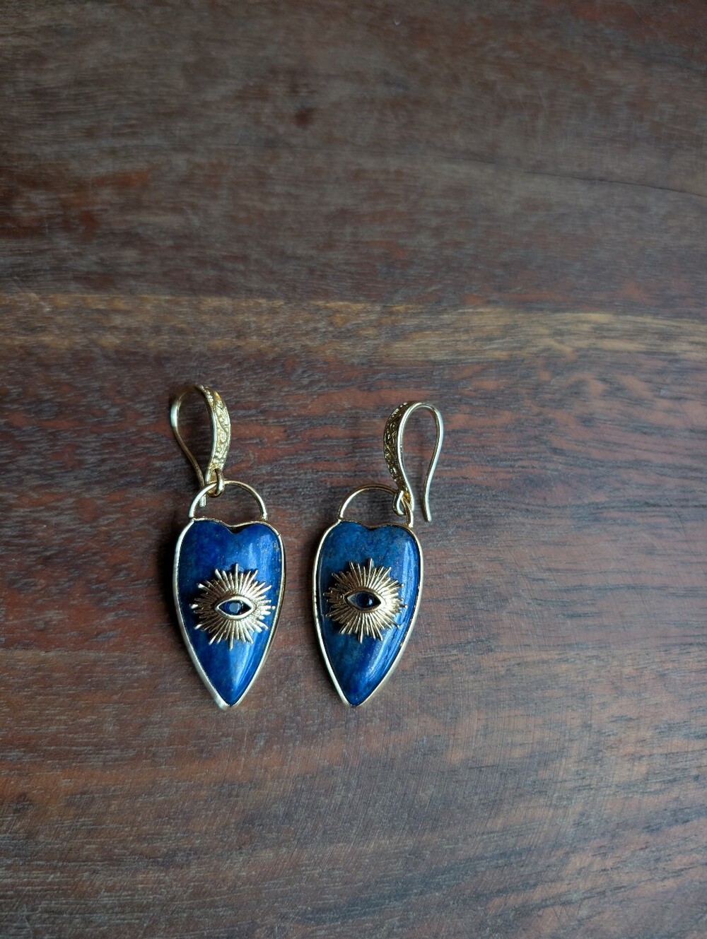 Blue Lapis Shield Gold Drop Earrings with Sunburst Eye Accent - Picture 2 of 6
